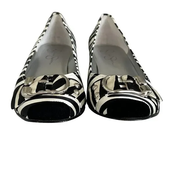 Jessica Simpson Black White Zebra Fabric Wedge Sz 7.5 Kitten Heel Buckle JS-DAFA - Picture 2 of 10
